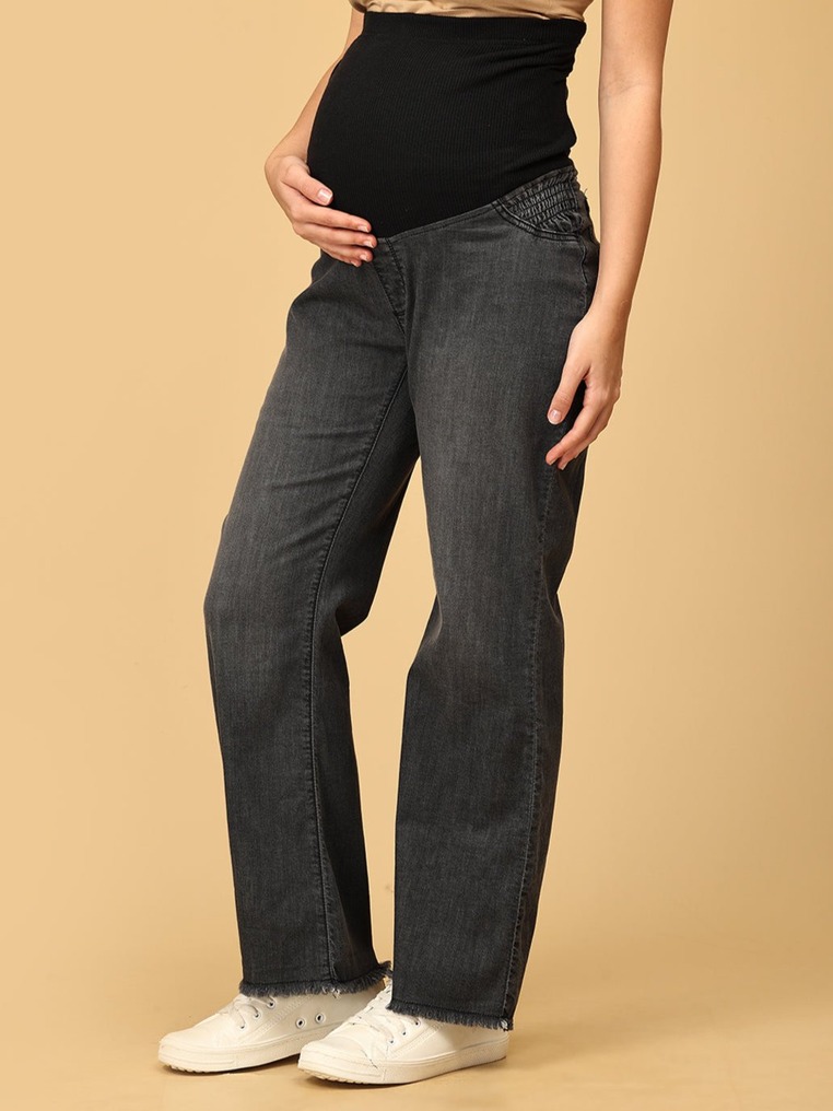 THE MOM STORE Wide Leg Maternity Denim with Belly Support -Black