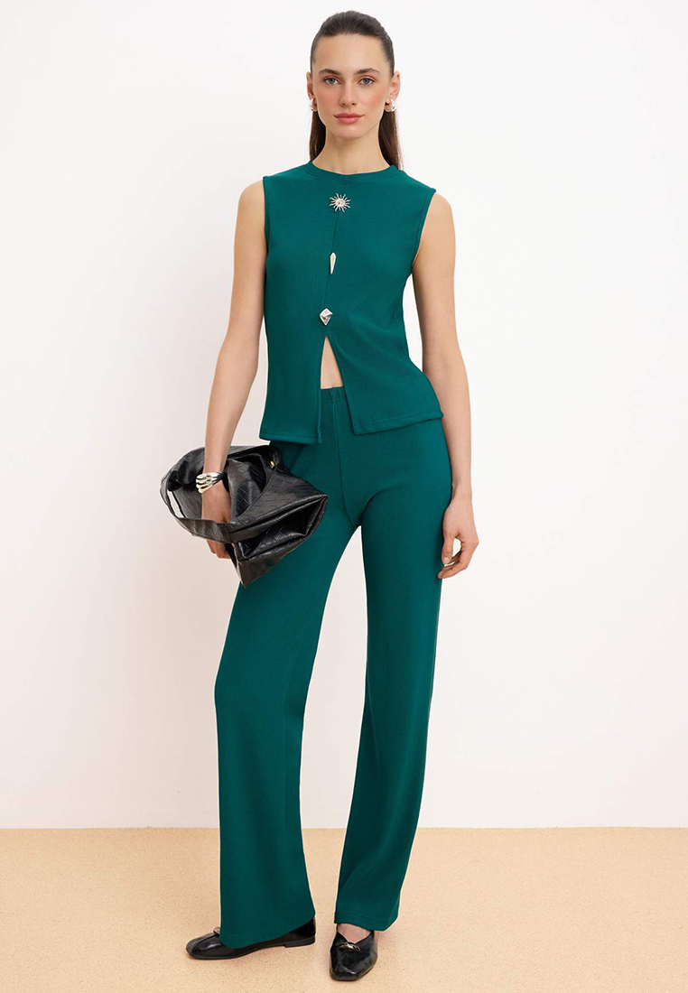 Trendyol Emerald Green Silver Button Accessory Zero Sleeve Top Pants Knitted Bottom - Top Set Twoaw2