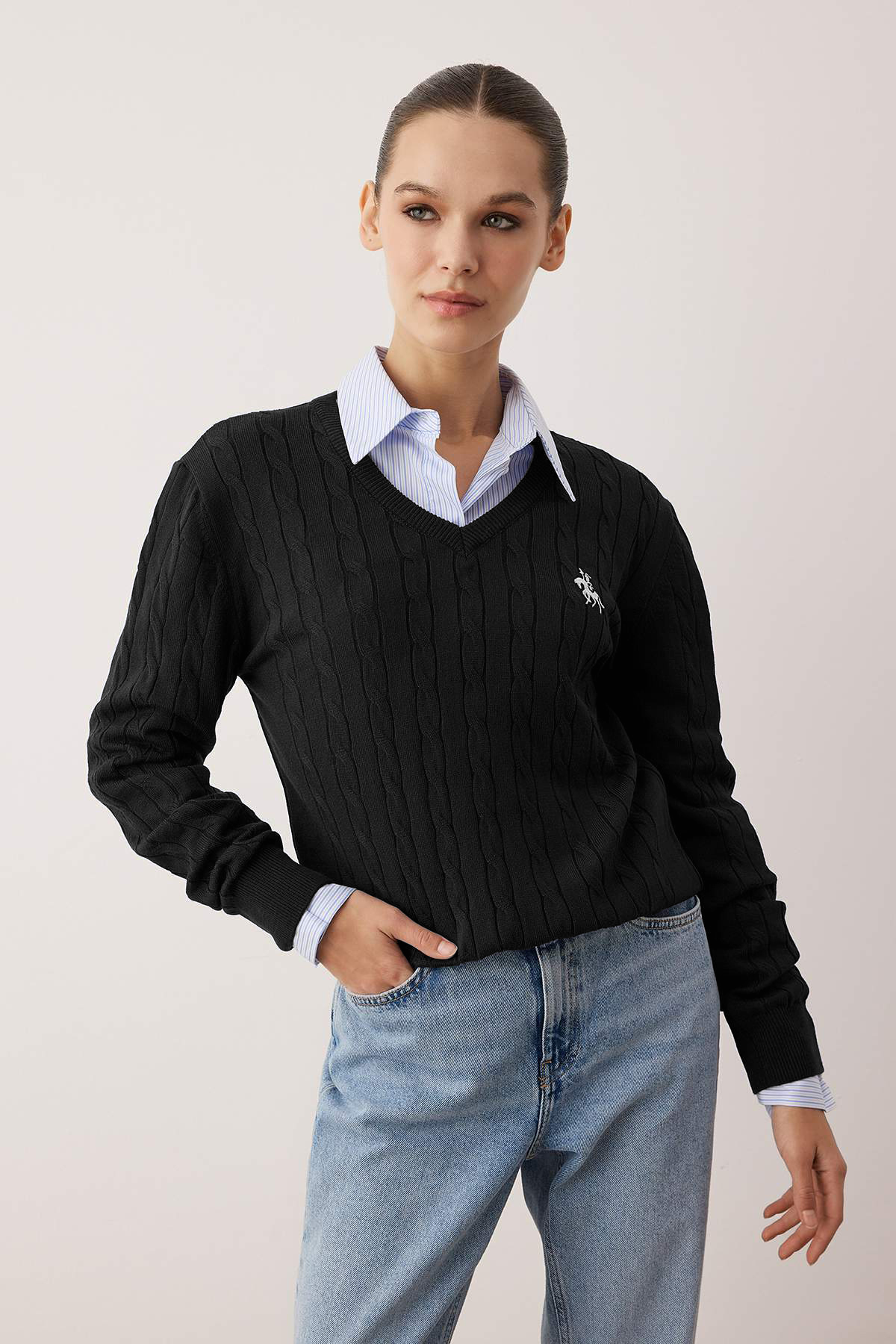 Trendyol Black Horse Embroidered V-Neck Hair Knitwear Sweater