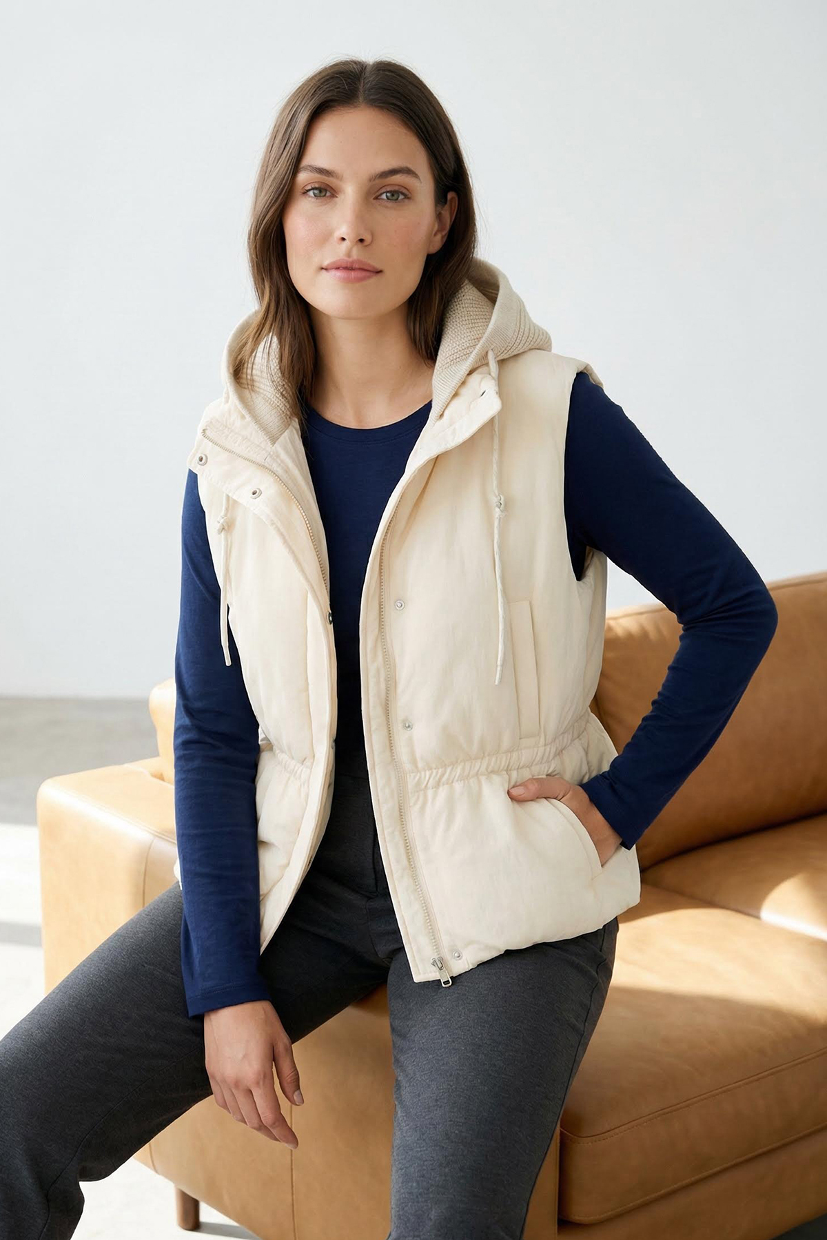 Trendyol Ecru Regular Molded Knitwear Hood Detailed Puffer Vest