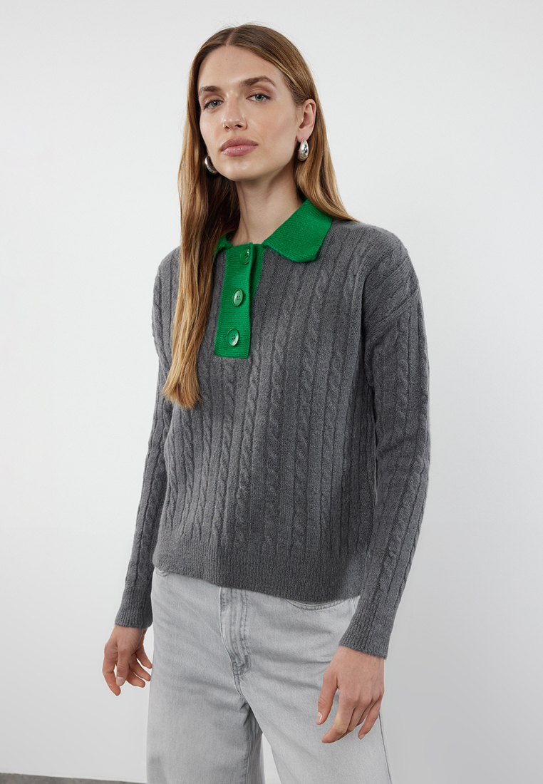 Trendyol Polo Collar Anthracite Knitwear Sweater - Soft Texture, Color Block Twoaw25Kz29