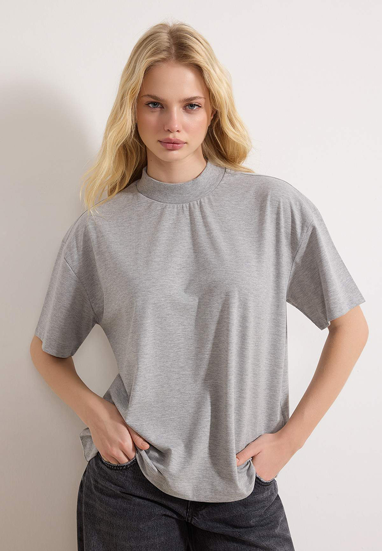 Trendyol Gray Melange 1% Thick Cotton Mock Neck Quarter Sleeve Knitted T-Shirt Twoss24Ts74