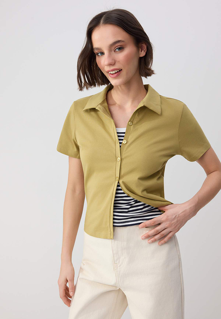 Trendyol Wardrobe Essentials-Light Khaki Fitted/Grapefruit Buttoned Crop Stretchy Knitted Blouse Two