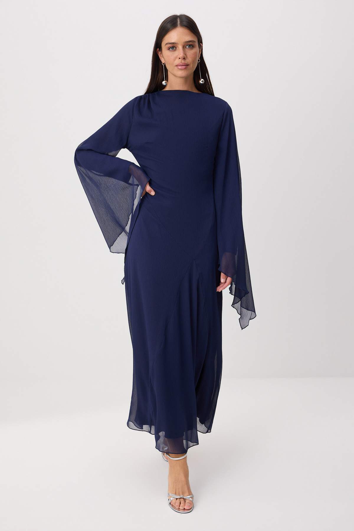 Trendyol Navy Blue Princess Sleeve Chiffon Maxi Woven Stylish Hijab Dress Event Evening Dress Tctss2