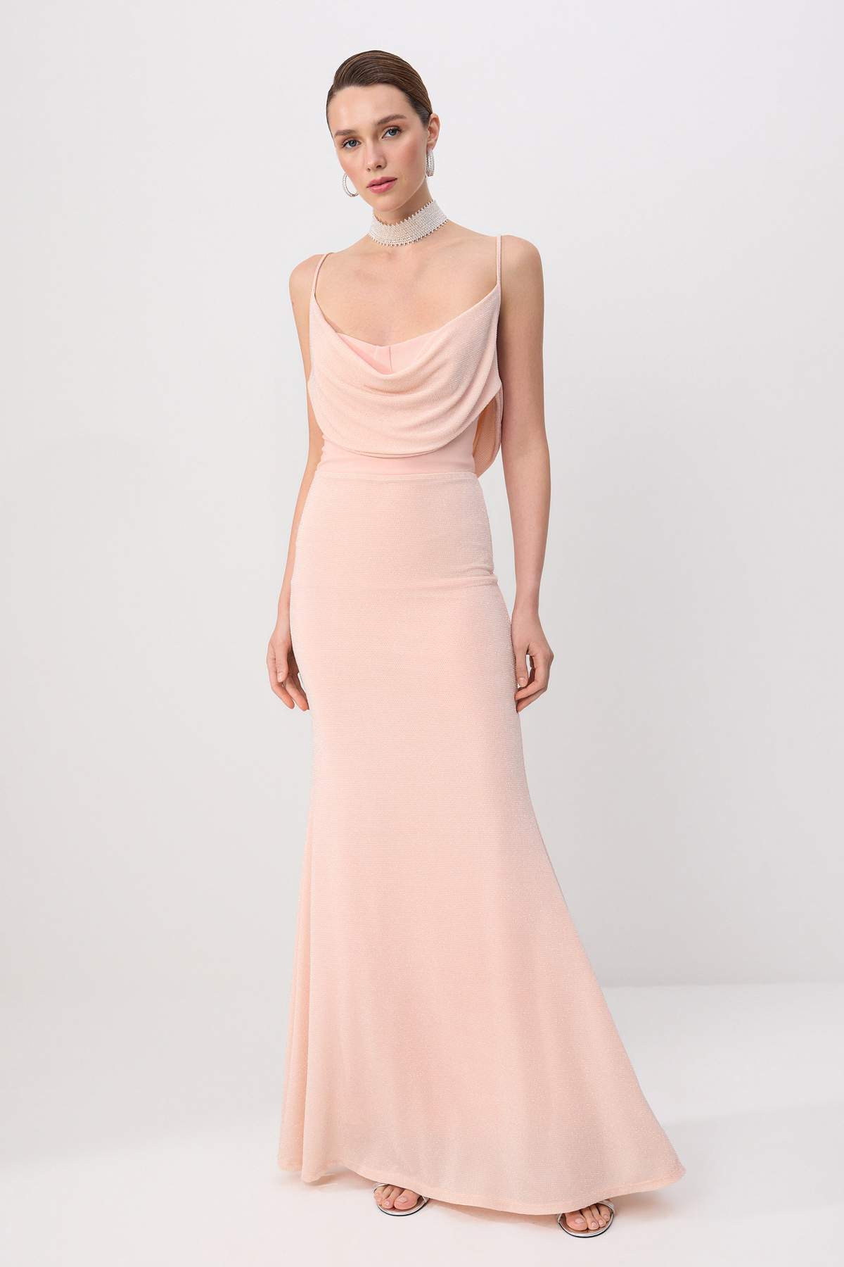 Trendyol Powder Glitter Knitted Drape Collar Maxi Evening Dress & Graduation Dress Tprss26Ae00152