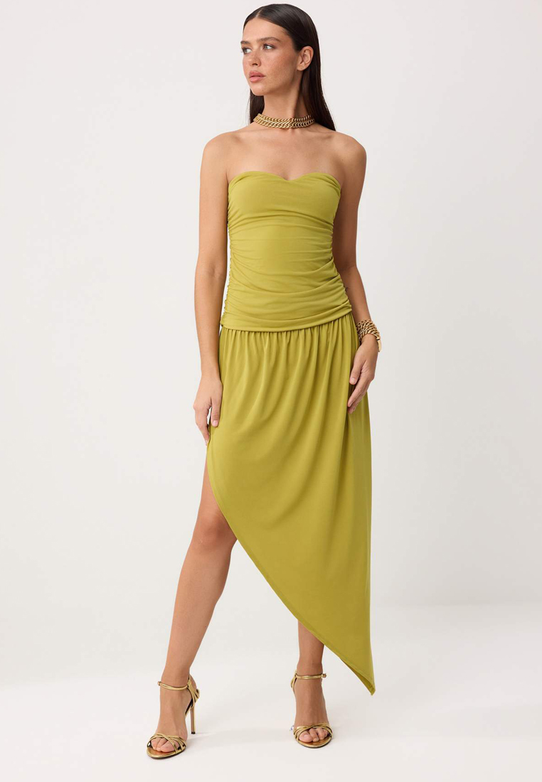 Trendyol Oil Green Shirred Detailed Maxi Evening Dress & Graduation Gown Tprss26Ae111