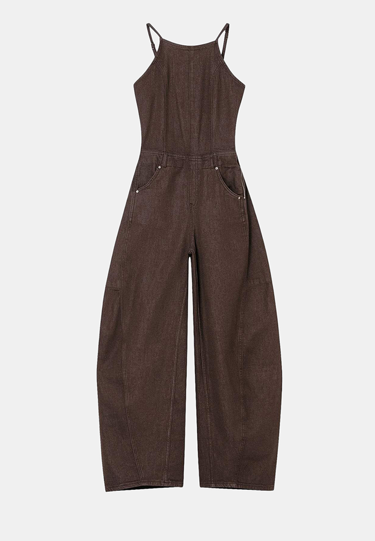 Trendyol Brown Strappy Az Stretchy Baggy Fit Denim Jumpsuit Twoss26Tu1