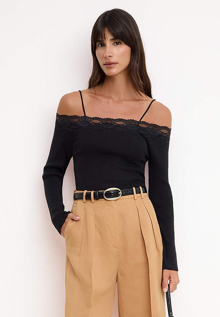 Trendyol Black Premium Yarn Lace Carmen Collar Summer Special Yarn Knitwear Sweater Twoss26Kz13