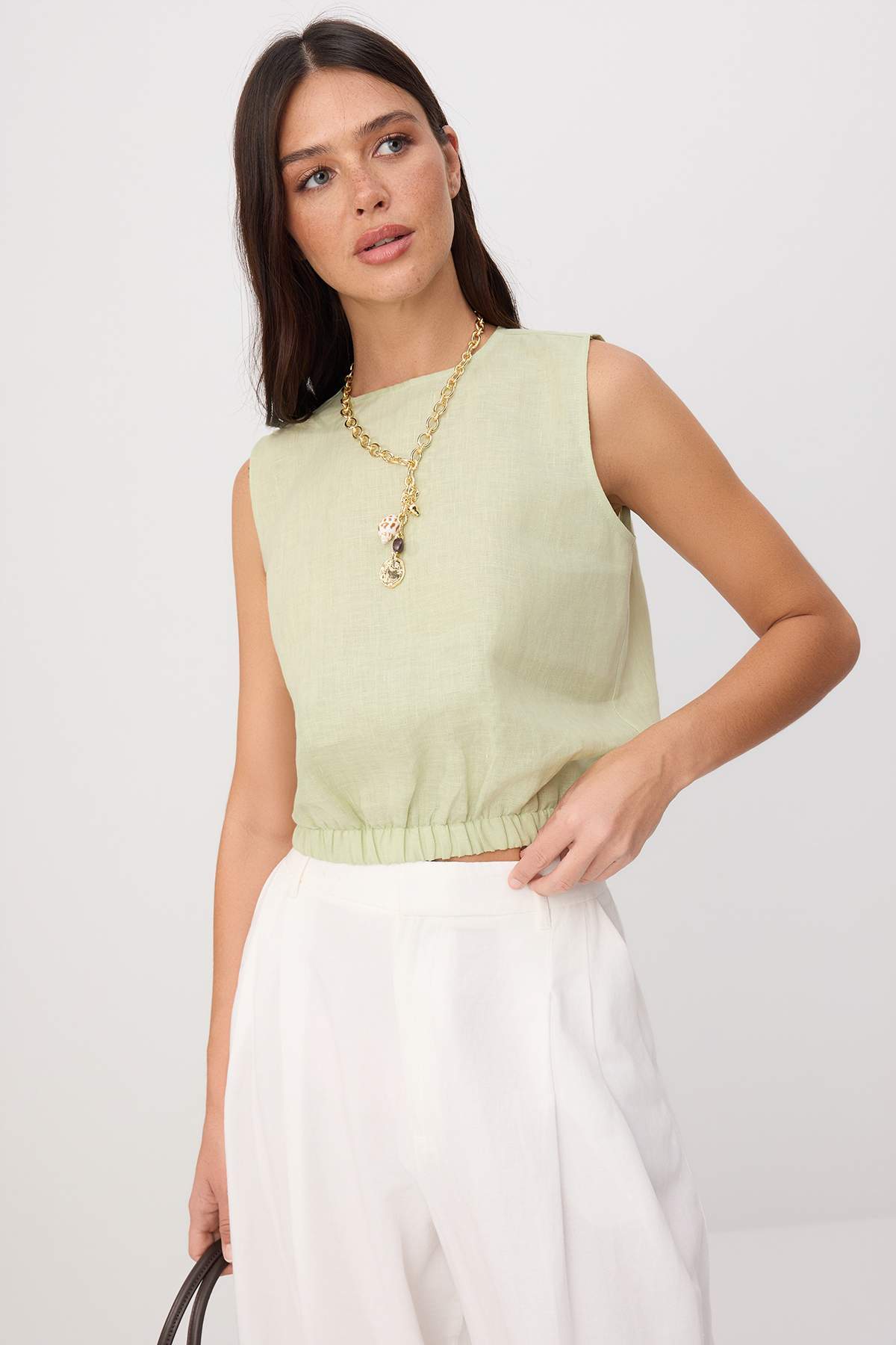 Trendyol Green 100% Linen Elastic Waist Blouse Twoss26Bz00682