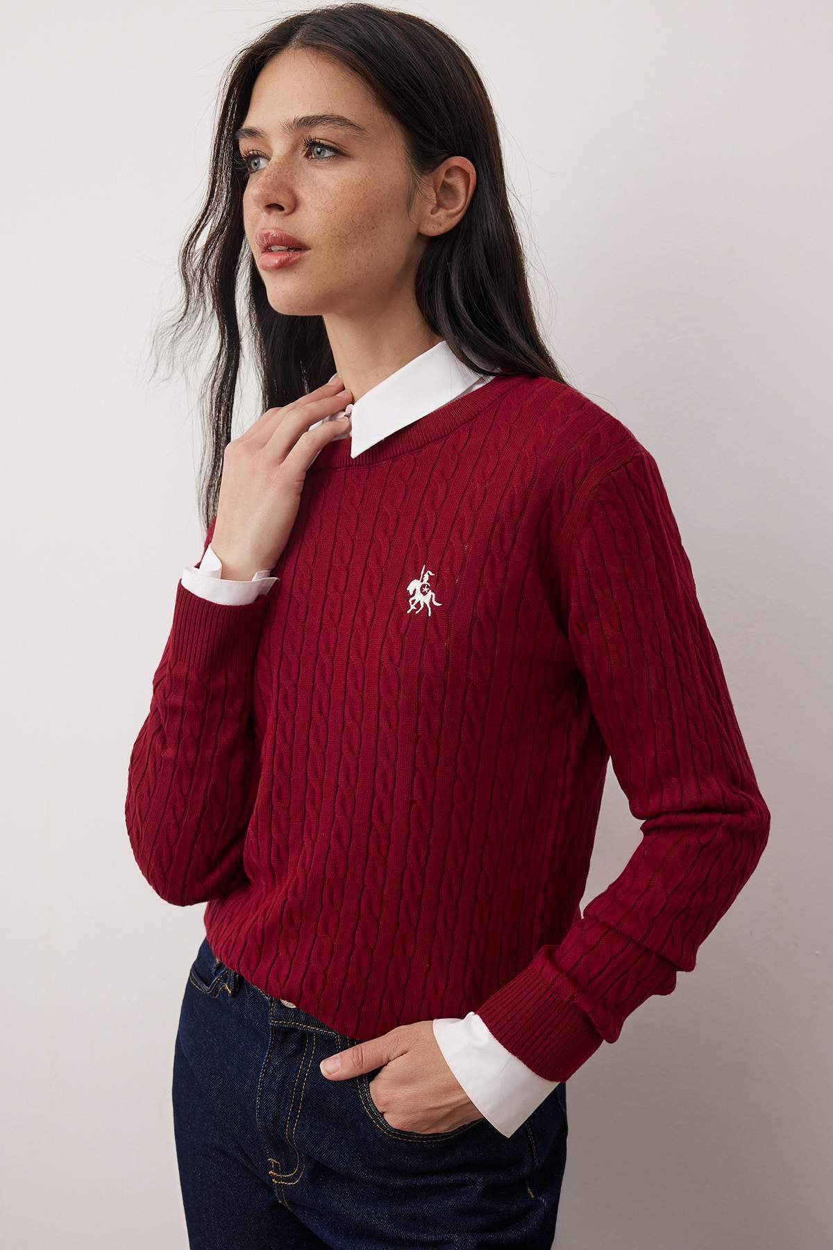 Trendyol Burgundy Horse Embroidered Cable Knit Fine Knit Sweater Twoaw26Kz00122