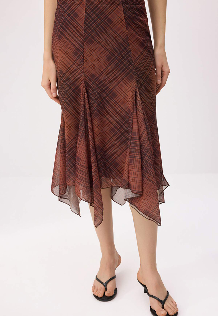Trendyol Brown Plaid A-Line/Flared Form Flounced/Ruffled Regular Waist Midi Tulle Knitted Skirt Twos