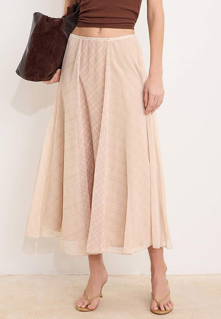 Trendyol Beige Plaid Li Lined Chiffon Maxi Asymmetrical Skirt Twoss26Et45