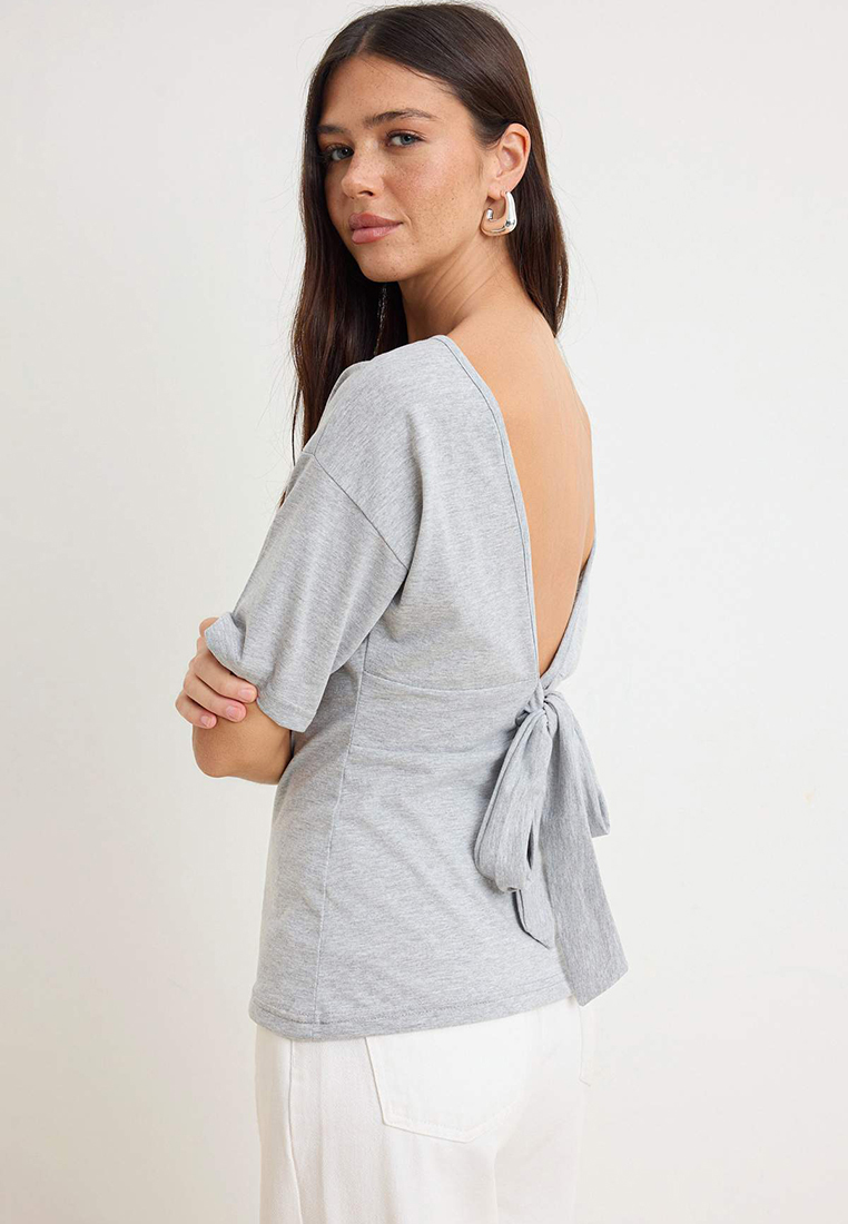 Trendyol Gray Melange Plain Regular Boat Neck Low Sleeve Short Long %1 Cotton Knitted T-Shirt Twoss2
