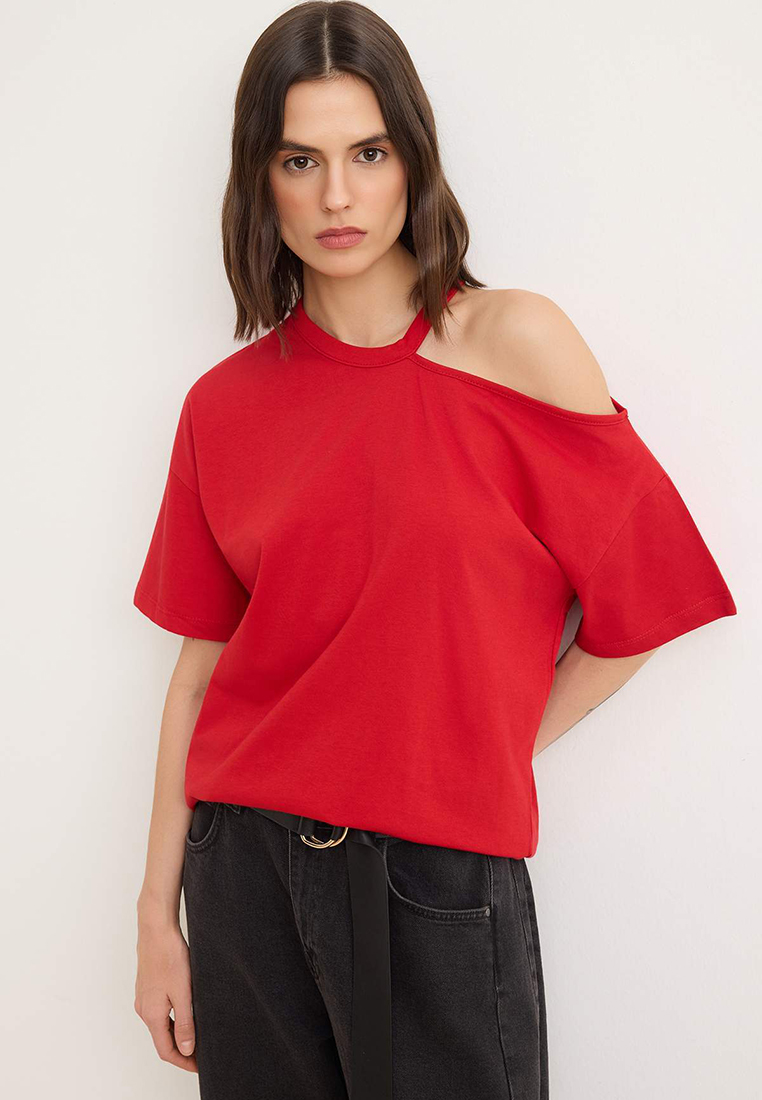 Trendyol Red Plain Oversized Bicycle Collar Low Sleeve Short 1% Cotton Knitted T-Shirt Twoss26Ts24