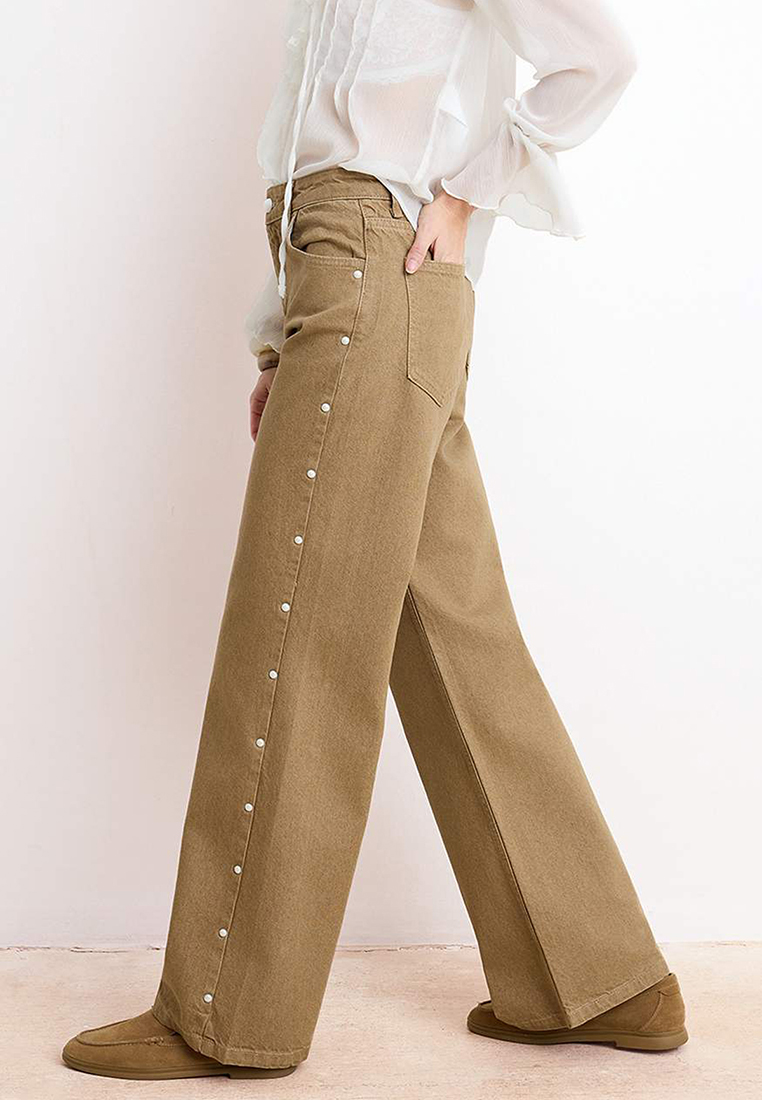 Trendyol Camel Pearl Detailed Washing Effect High Waist 1% Cotton W Wide Leg Jeans Twoss26Je55
