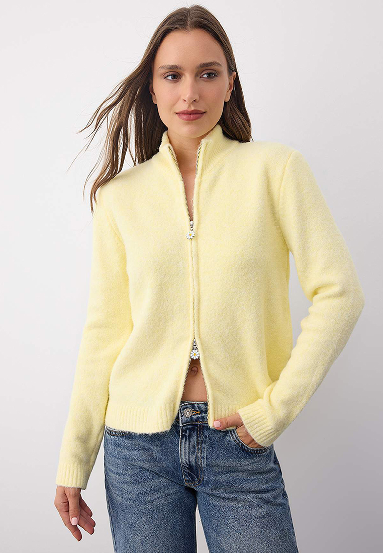 Trendyol Wardrobe Essentials Yellow Wool Zippered Stand Collar Daisy Knit Cardigan | Twoaw26Hi00090