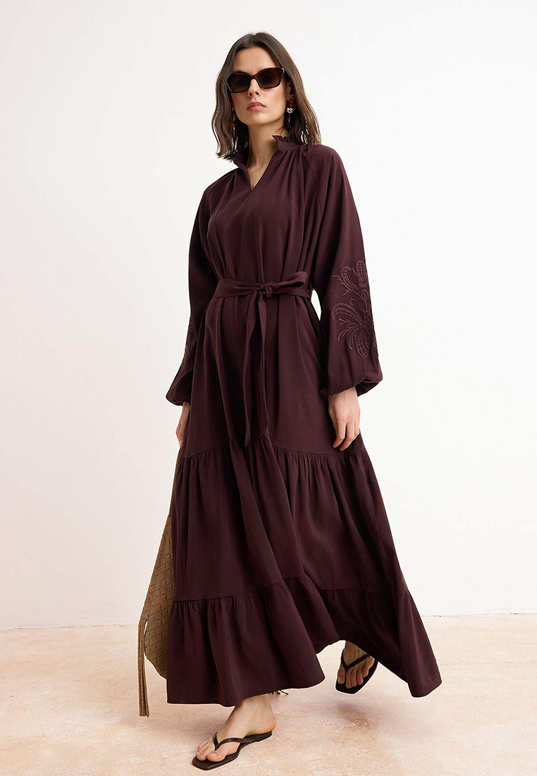 Trendyol Luxury Fabric With Plum Embroidery Detail, Modal Ruffle Collar, Belted Hijab Dress Tctss26E