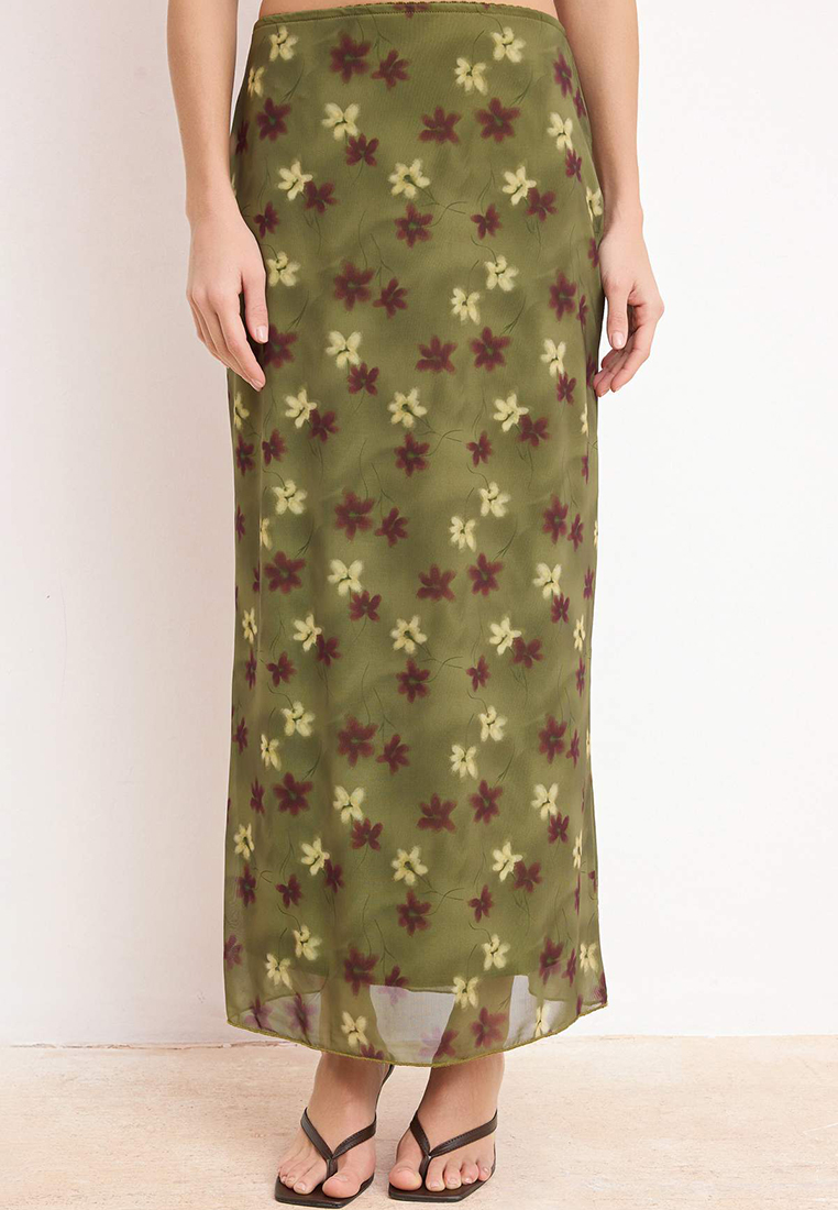 Trendyol Khaki Abstract Patterned Tulle Lace Detailed Stretchy Skirt Twoss25Et153Skirt Twoss25Et153