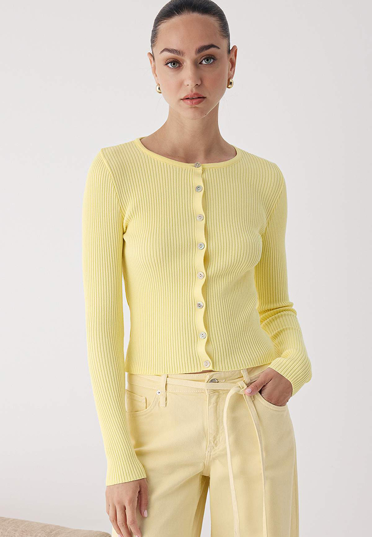 Trendyol Yellow Mercerized Look Ribbed Knitwear Cardigan