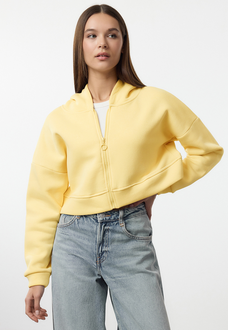 Trendyol Light Yellow Zipper Hooded Relaxed Fit Crop Thick Inner Fleece Knitted Sweatshirt Twoaw2Sw6