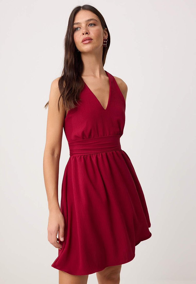 Trendyol Burgundy Plain Mini Woven Dress Twoss26El981