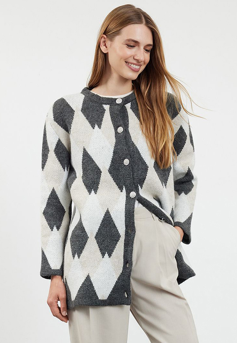 Trendyol Gray Diamond Patterned Knitwear Cardigan Tctaw25Th00022