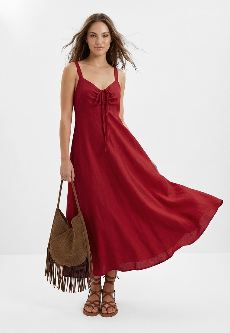Trendyol Red Linen Look Strap Maxi Woven Dress Twoss26El664