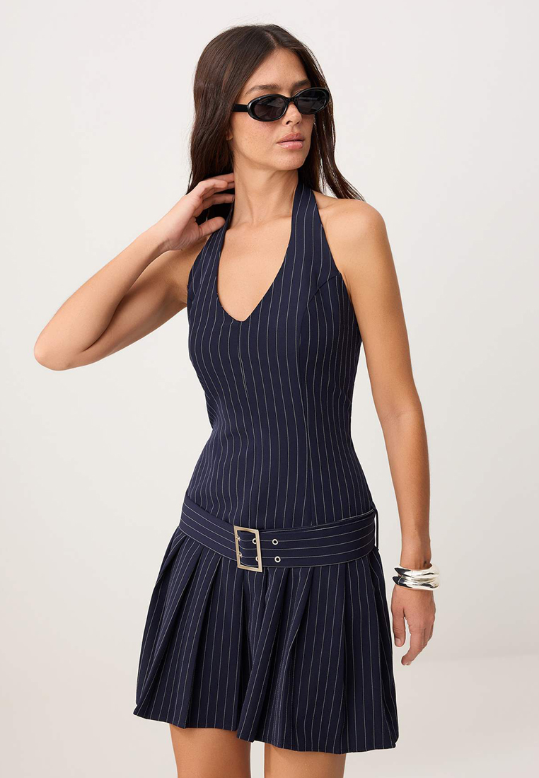 Trendyol Multicolor Belt Li Striped Pleated Short / Mini Woven Dress Twoss26El544