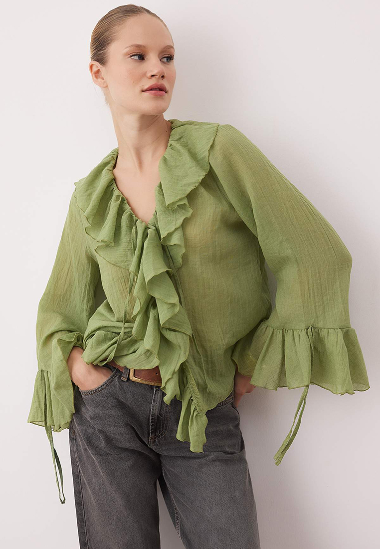 Trendyol Ruffle Bohemian Thin Cotton Fabric Long Sleeve Blouse