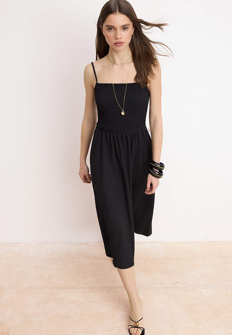 Trendyol Black A-Line/A-Line Form Square Neck Thin Strap Sleeveless Textured Knitted Dress Twoss26El