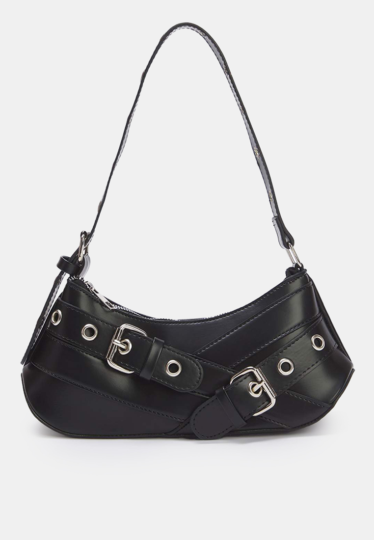 Trendyol Black Faux Leather Eyelet Belt Buckle Detailed Medium Size Women'S Baguette Shoulder Bag Ta