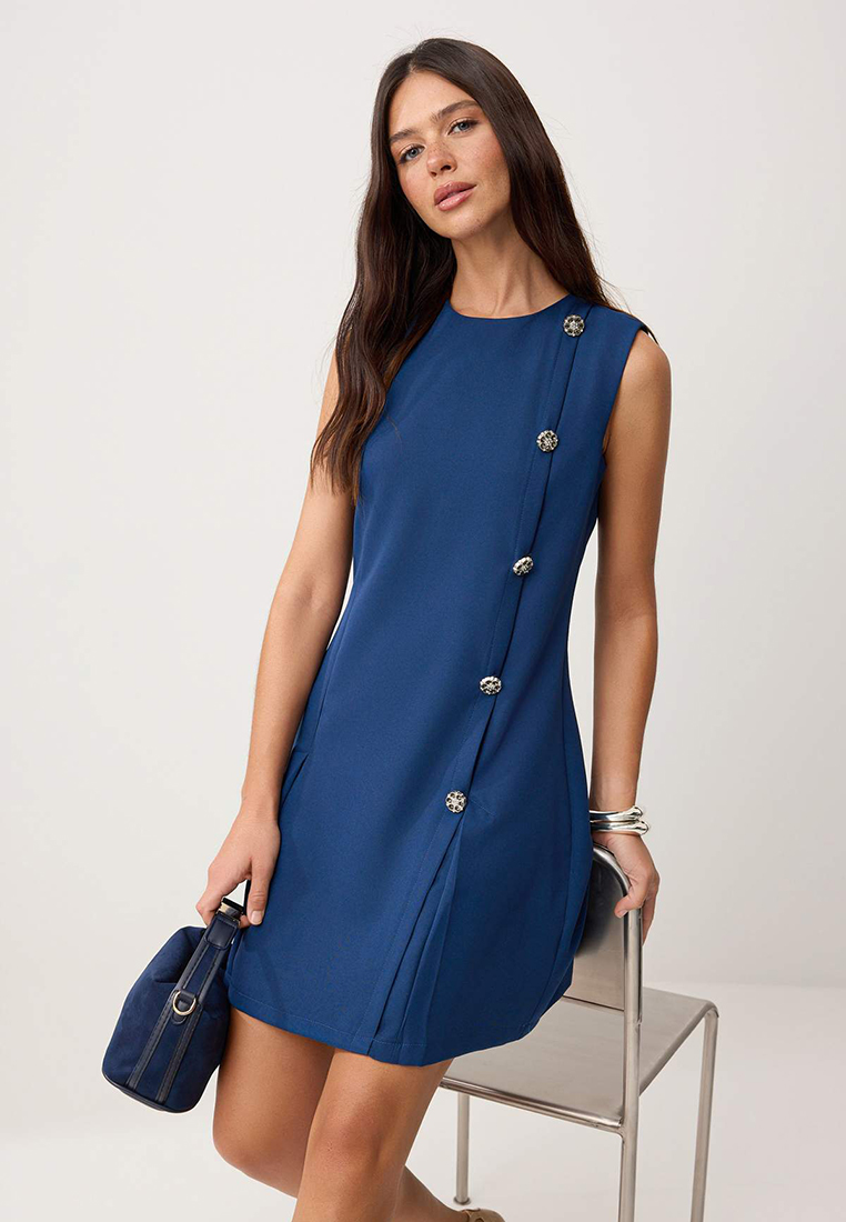 Trendyol Navy Blue Plain A-Line Buttoned Short / Mini Woven Dress Twoss24El74