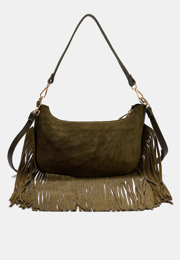 Trendyol Khaki Tassel Detailed Premium Genuine Leather Women'S Shoulder Bag Takaw26Oc00044
