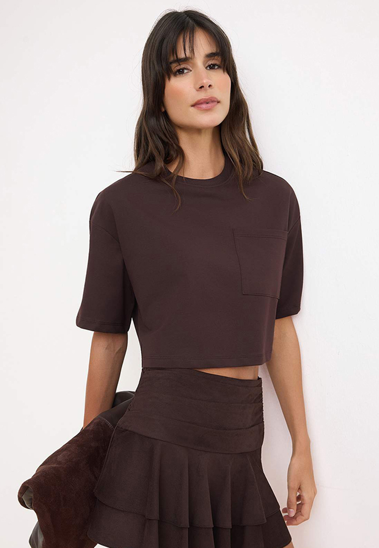 Trendyol Brown Boxy Low Arm Short Sleeve 1% Cotton Knitted T-Shirt Twoss26Ts185