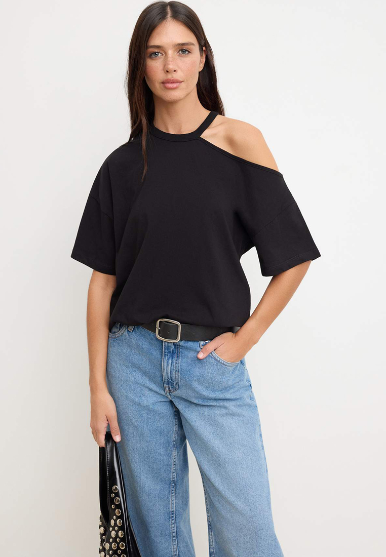 Trendyol Black Plain Oversized Bicycle Collar Low Sleeve Short 1% Cotton Knitted T-Shirt Twoss26Ts24