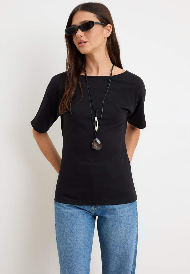 Trendyol Black Plain Regular Boat Neck Low Sleeve Short Long %1 Cotton Knitted T-Shirt Twoss26Ts247