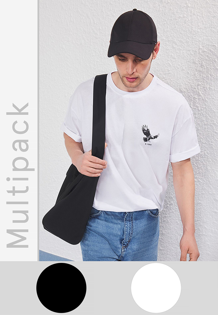 Trendyol White-Black Oversize/Wide Cut 2-Pack Eagle Print-Plain 100% Cotton T-Shirt TMNSS25TS00214