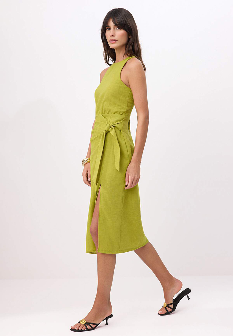Trendyol Oil Green Straight Tie Detail Midi Woven Dress Twoss25El777