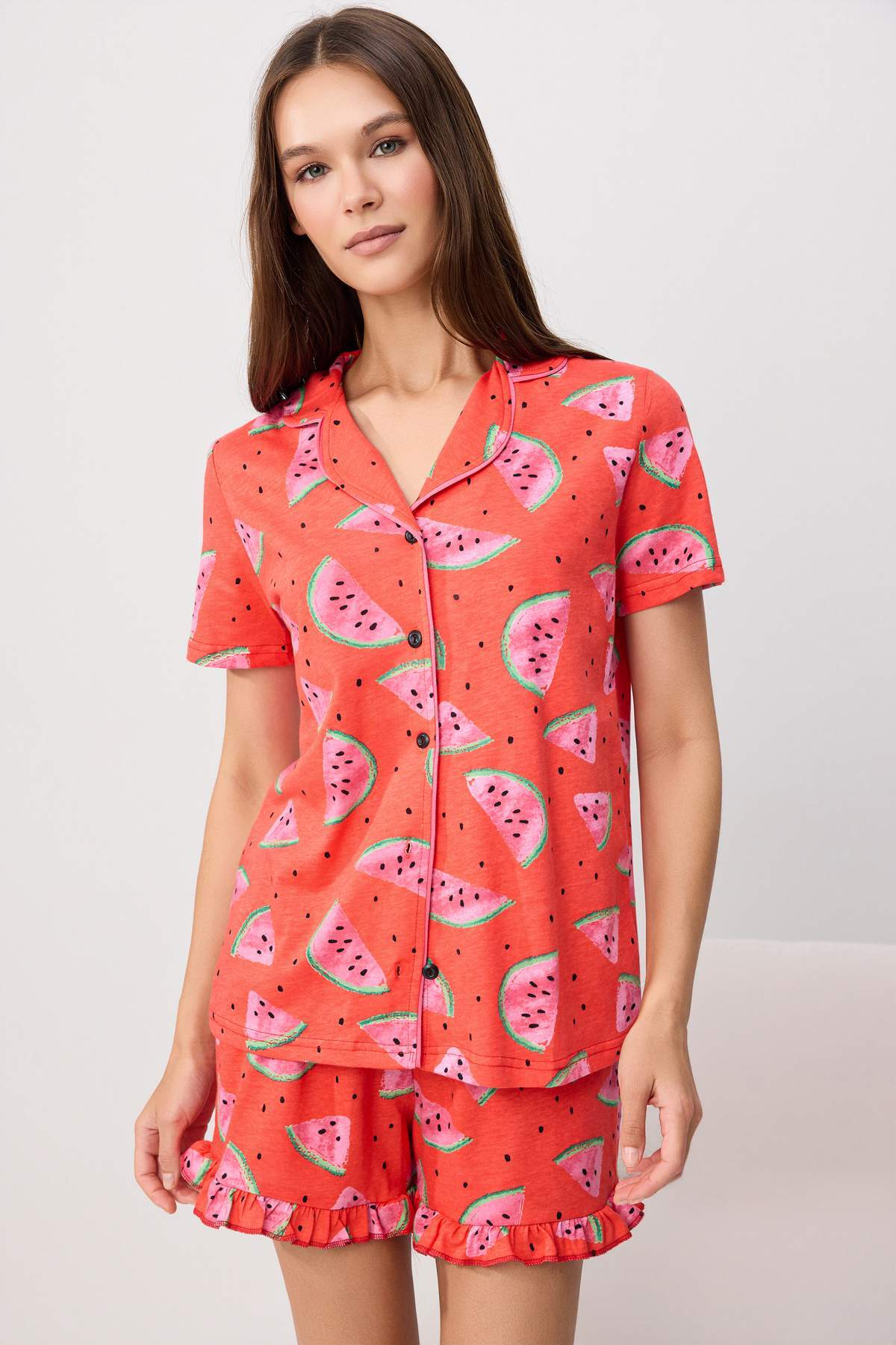 Trendyol Red 100% Cotton Watermelon Patterned Ruffle Shorts Knitted Pajamas Set Thmss21Pt0670