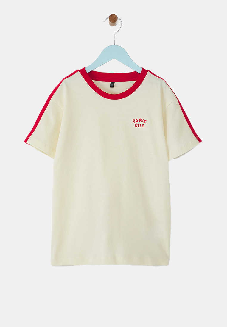 Trendyol Boy's Ecru Fabric Slogan Embroidery Piping Detailed Short Sleeve T-Shirt