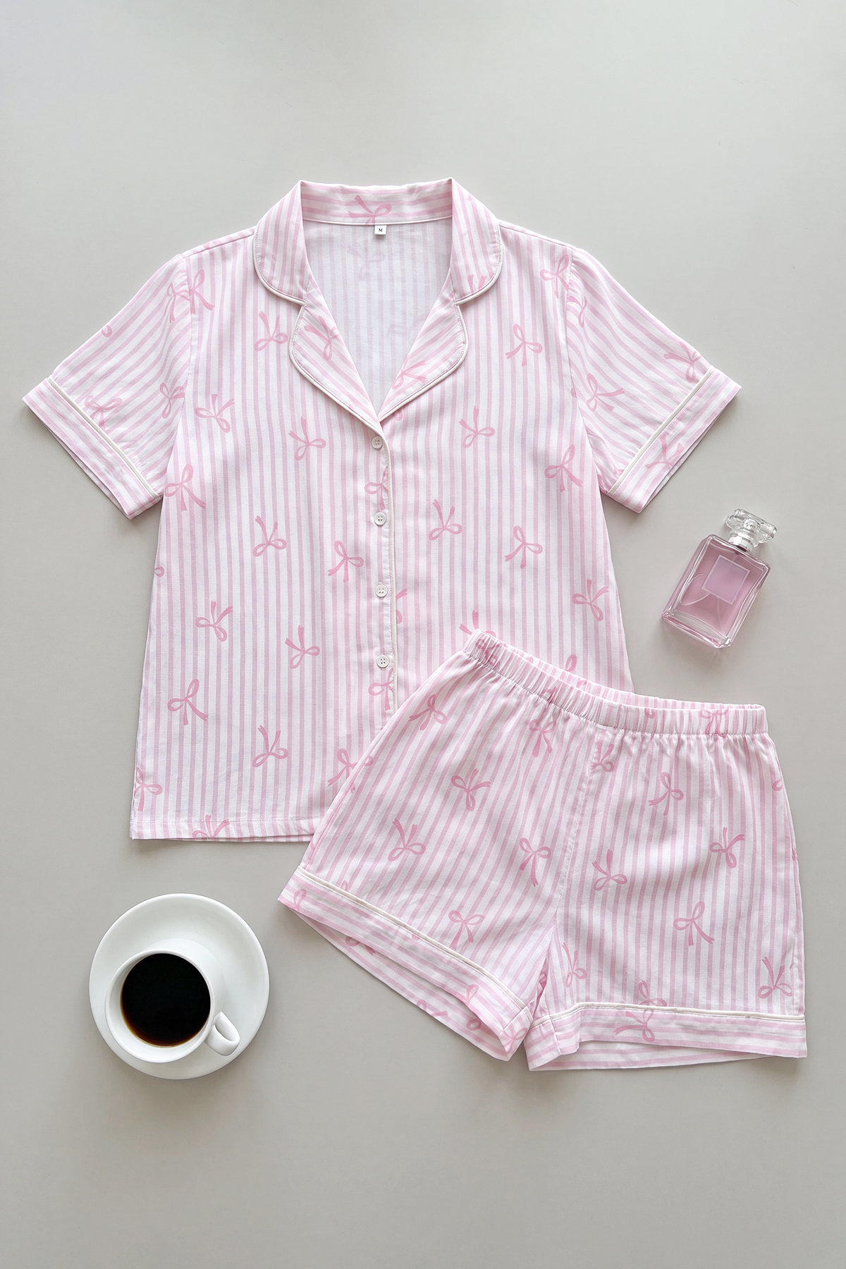 Trendyol Pink-Multicolor Ribbon/Bow And Striped Bias Tape Satin Shorts Woven Pajama Set Thmss25Pt003