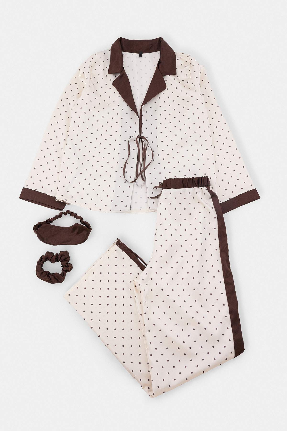 Trendyol Ecru-Brown 4-Piece Polka Dot Satin Woven Pajama Set With Sleep Band And Buckle Thmaw27Pt000