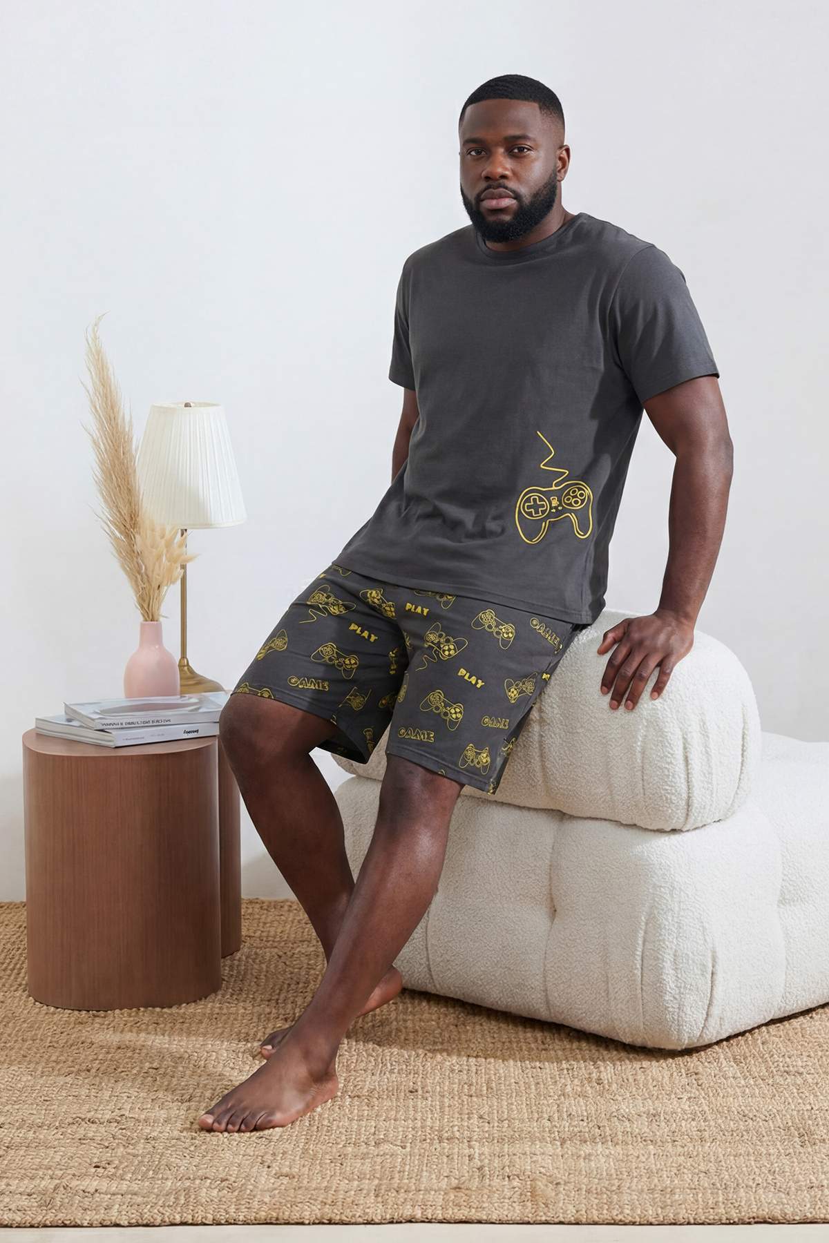 Trendyol Anthracite Regular Cut Game Printed 100% Cotton Large Size Pajama Set Tmnss26Ai00001