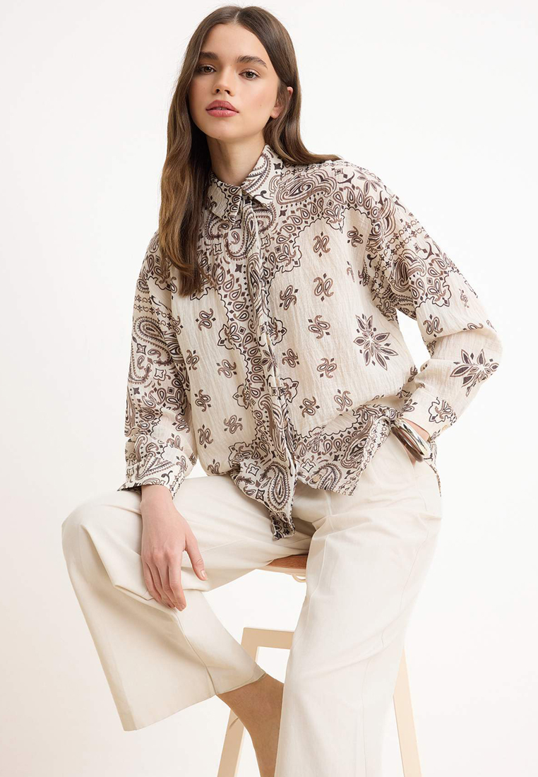 Trendyol Ecru Oversized Cotton Pieces Patterned Shirts Tctss26Tg00041