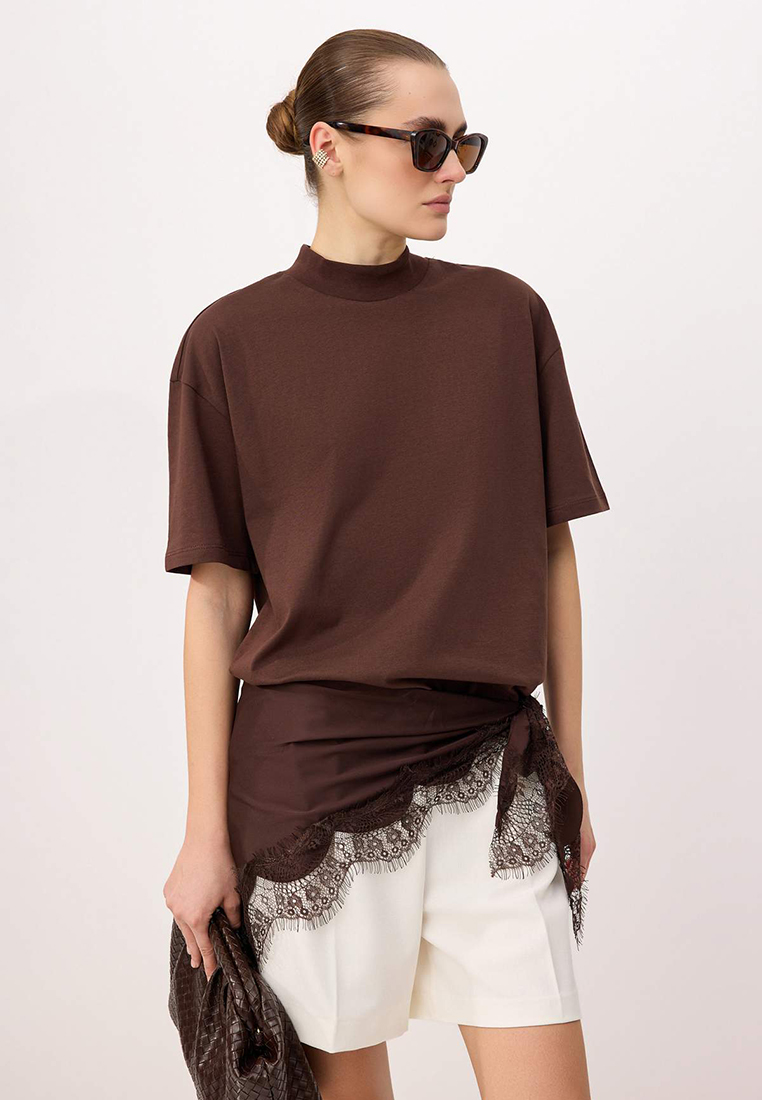 Trendyol Brown 1% Thick Cotton Stand-Up Collar Three-Quarter Sleeve Knitted T-Shirt Twoss24Ts74