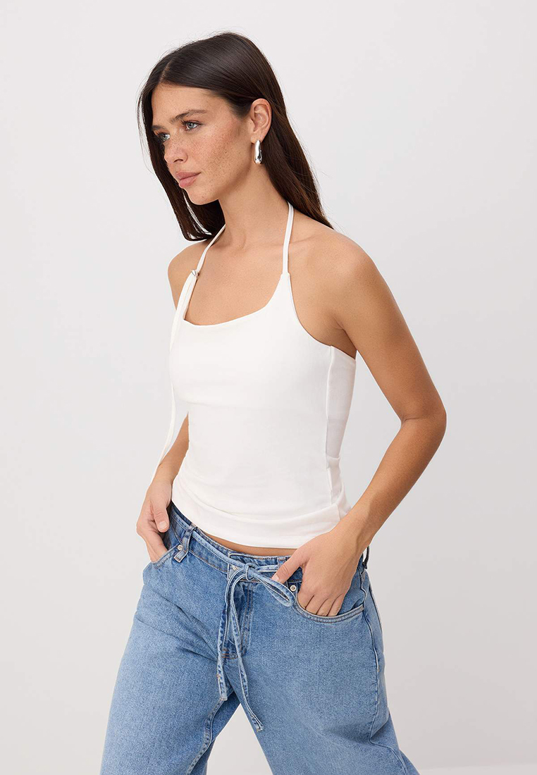 Trendyol Ecru Plain Fitted Halter Neck Spaghetti Strap Sleeveless P Cotton U E Stretchy Knitted Unde