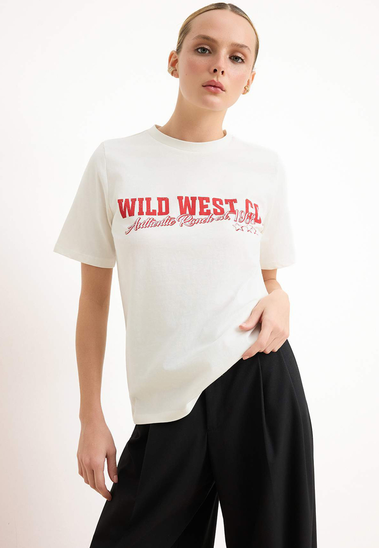 Trendyol Ecru Slogan Regular/Normal Fit Short Sleeve Tok 1% Cotton Knitted T-Shirt Twoss26Ts82