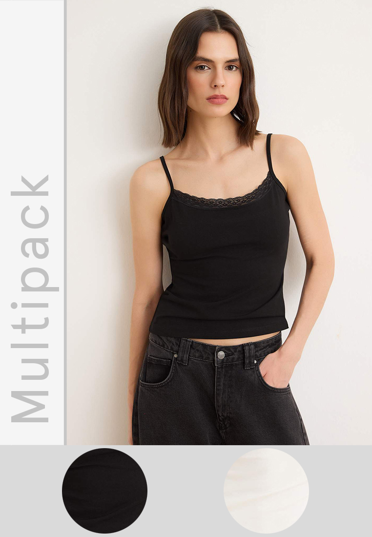 Trendyol Black-Ecru Plain Fitted Pool Neck Spaghetti Strap Sleeveless P Cotton U E Stretchy Knitted 