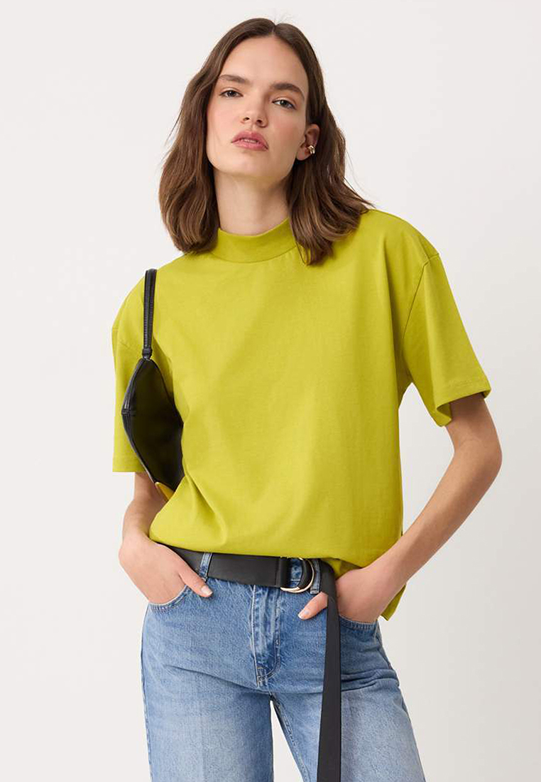 Trendyol Oil Green 1% Thick Cotton Stand Collar Three Quarter Sleeve Knitted T-Shirt Twoss24Ts74