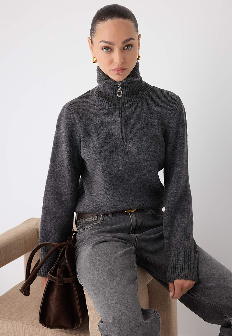 Trendyol Anthracite Wool Premium Yarn/Special Yarn Zippered Basic Knitwear Sweater